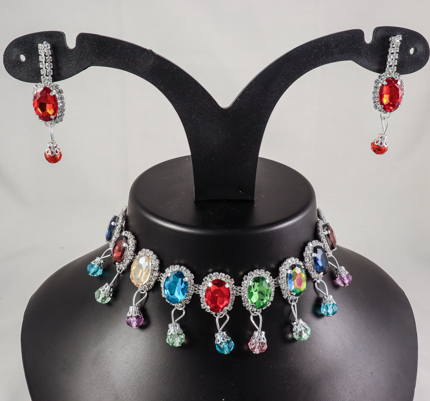 Multicolor Crystal Statement Choker Necklace & Earring Set