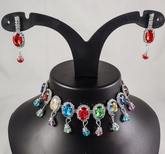 Multicolor Crystal Statement Choker Necklace & Earring Set